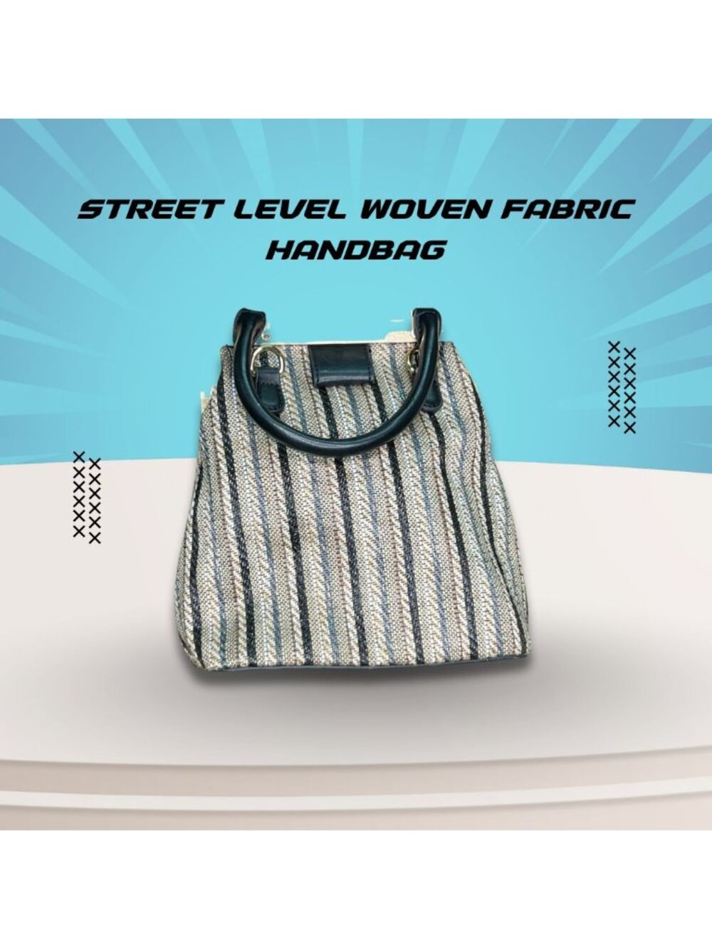 Street Level Striped Woven Fabric Handbag With Black & Wood Frame Detailing